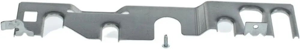 Metallische Halterung von Bosch, mit verschiedenen Ausschnitten und Montagepunkten, liegt neben einer kleinen Schraube.